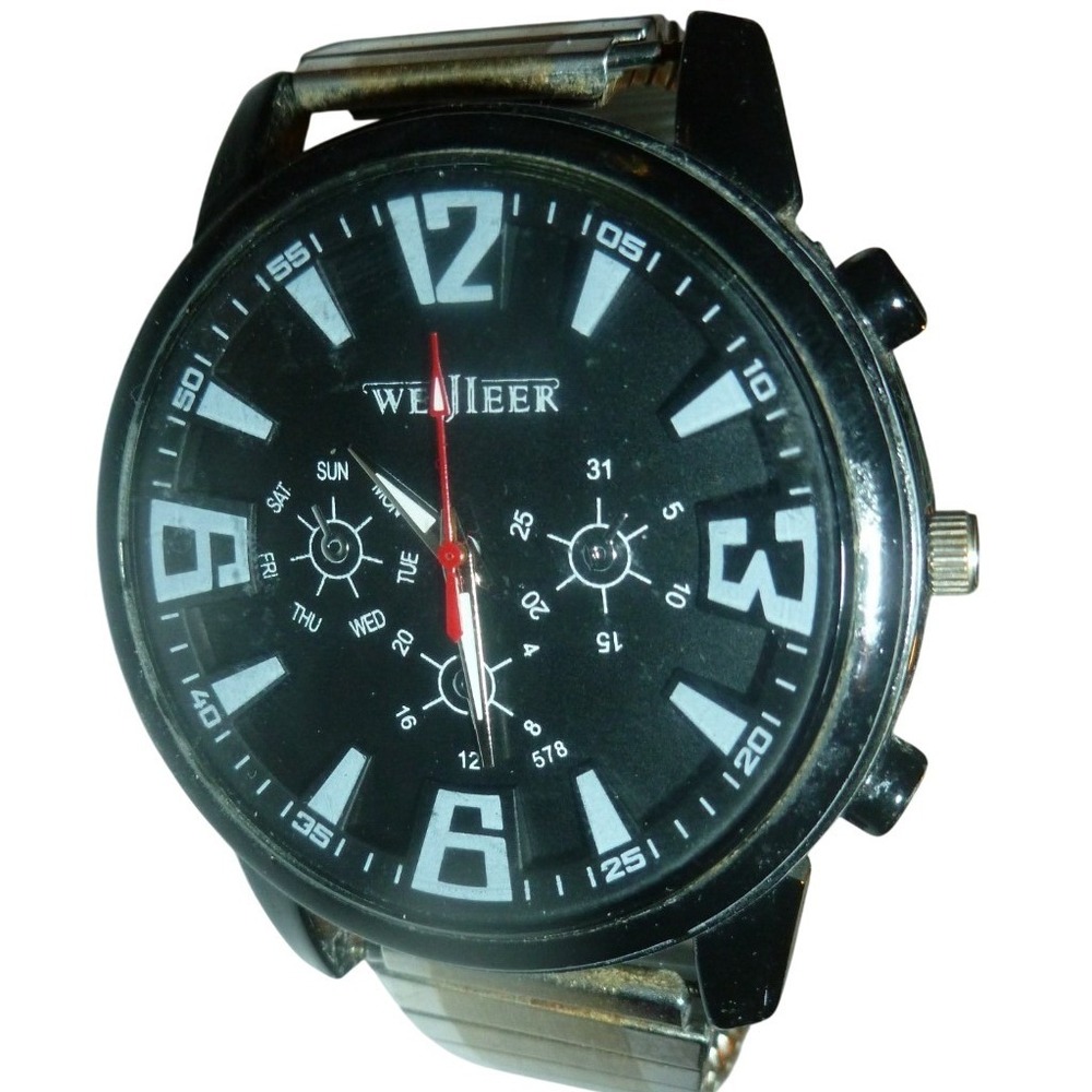Weijieer Mens Watch Black Dial Large Numbers Stainless Steel Back Expansion Band